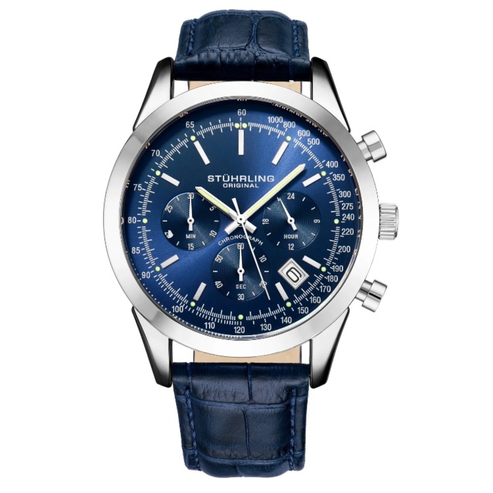 Stuhrling Preston Monaco Quartz Chronograph Date Blue Leather Mens Watch